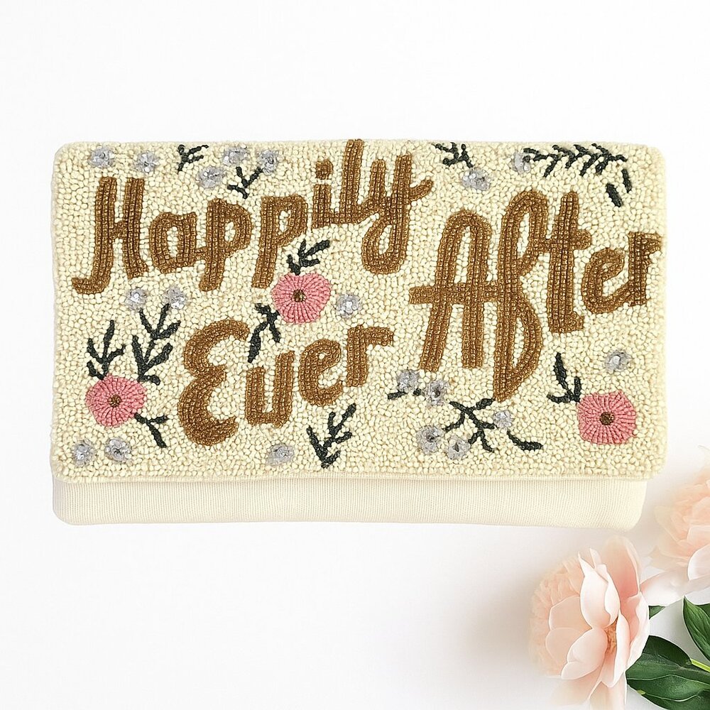 Beaded 'Happily Ever After' Cream Crossbody Clutch with Pink Floral Accents